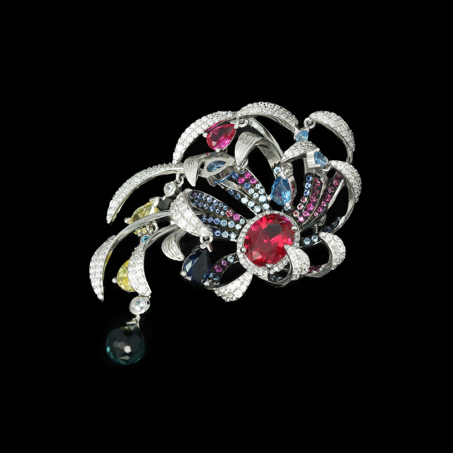 Dove's Blood Red Flower Chrysanthemum Banquet Silver Plated Diamond Brooch