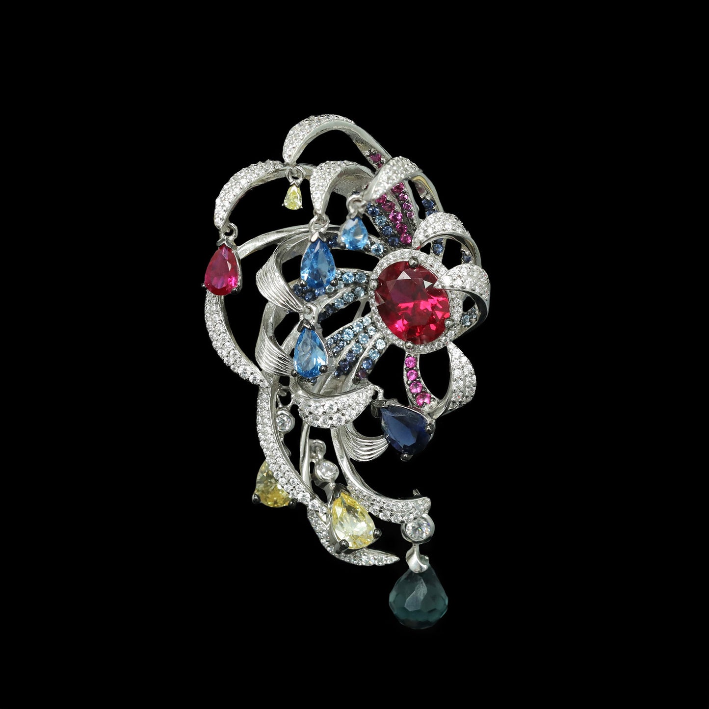 Dove's Blood Red Flower Chrysanthemum Banquet Silver Plated Diamond Brooch