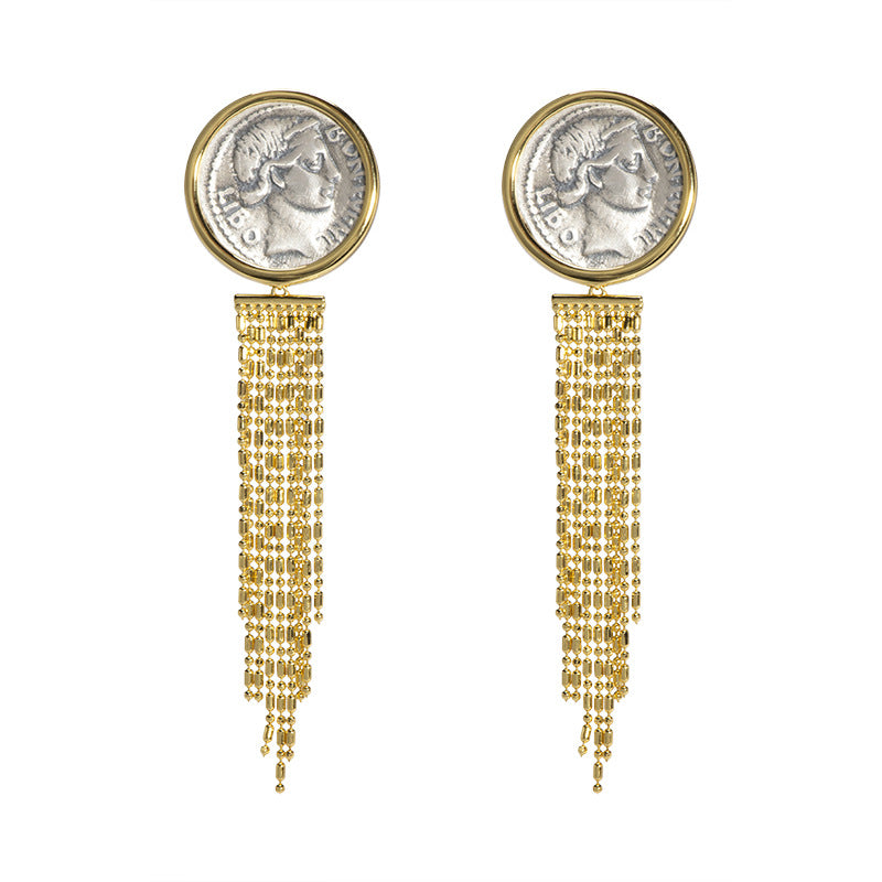 Vintage Portrait Ancient Coin Tassel Earrings