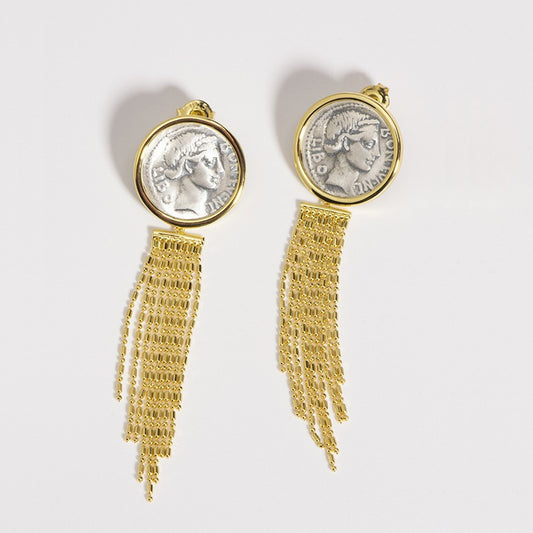 Vintage Portrait Ancient Coin Tassel Earrings