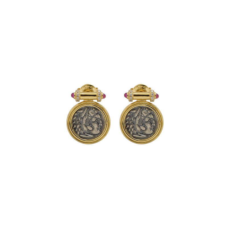 18K Hercules Ruby Vintage Portrait Ancient Coin Earrings