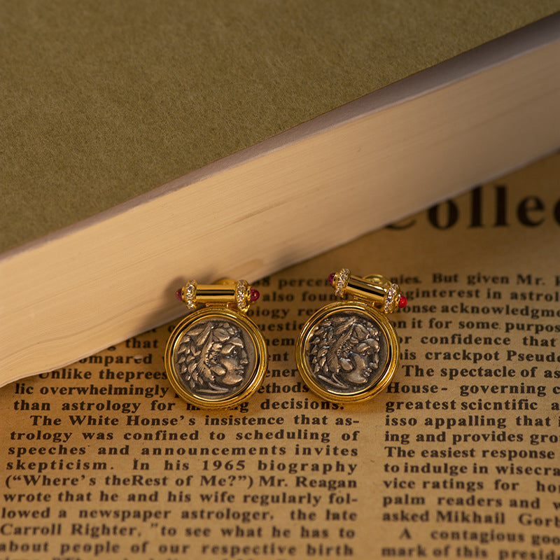 18K Hercules Ruby Vintage Portrait Ancient Coin Earrings