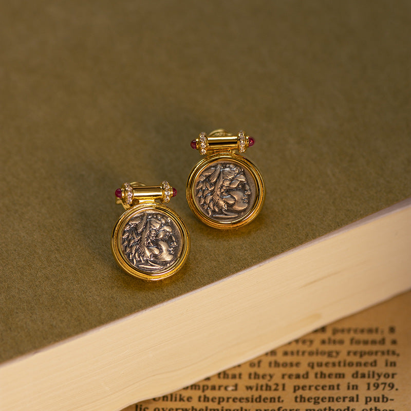 18K Hercules Ruby Vintage Portrait Ancient Coin Earrings