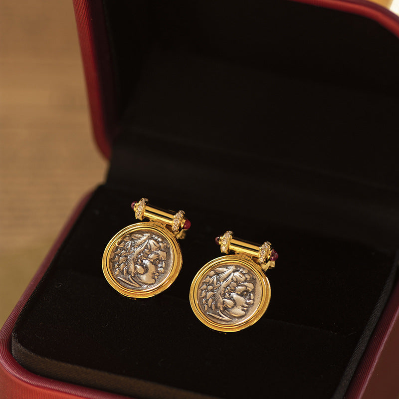 18K Hercules Ruby Vintage Portrait Ancient Coin Earrings