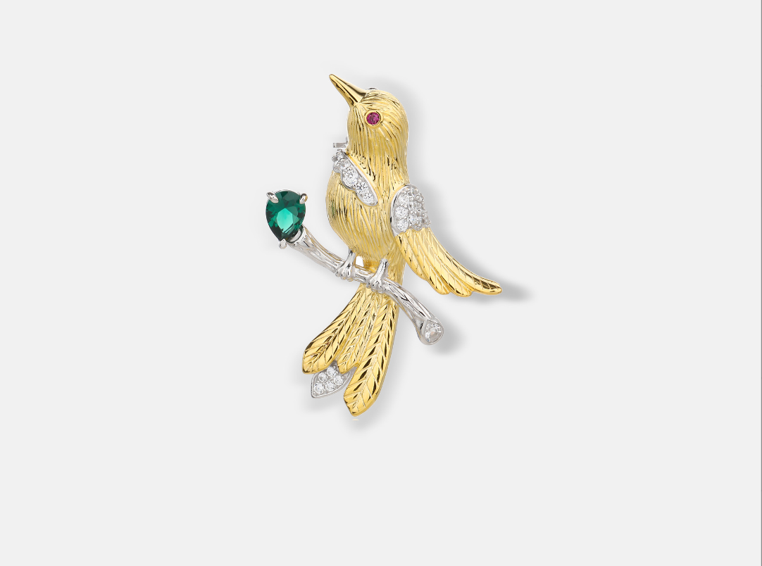 Gold Parrot Diamond Bird Brooch Emerald High Corsage