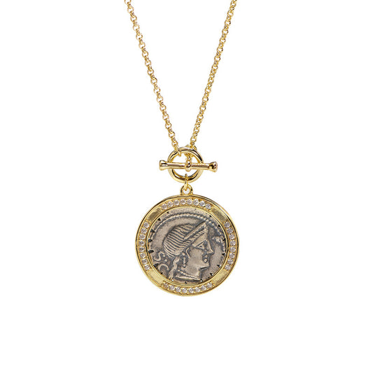 T-Button Antique Coin and Diamond Vintage Sweater Necklace