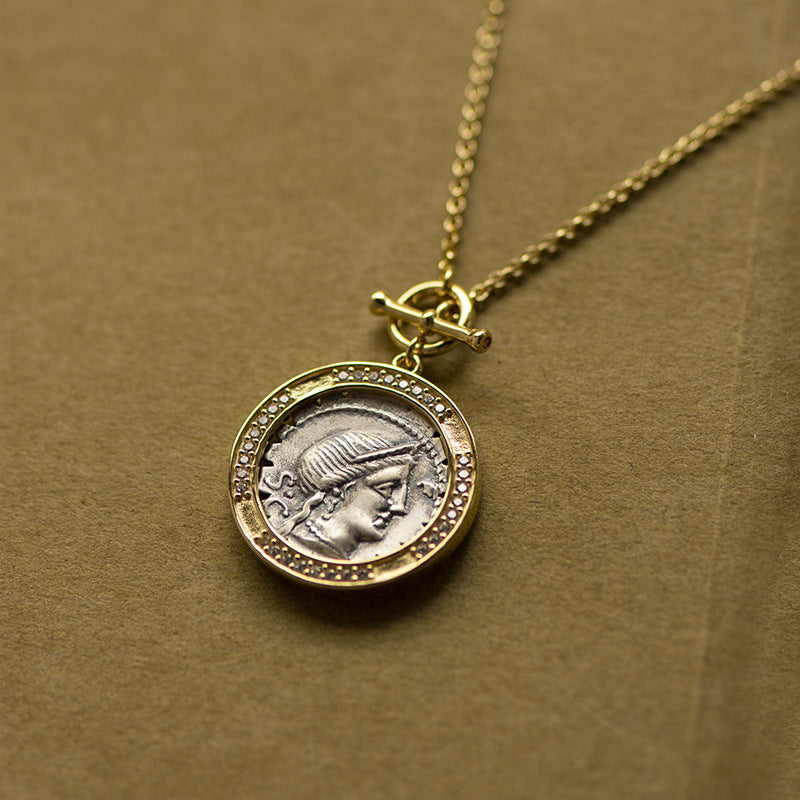 T-Button Antique Coin and Diamond Vintage Sweater Necklace