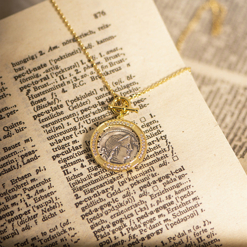T-Button Antique Coin and Diamond Vintage Sweater Necklace