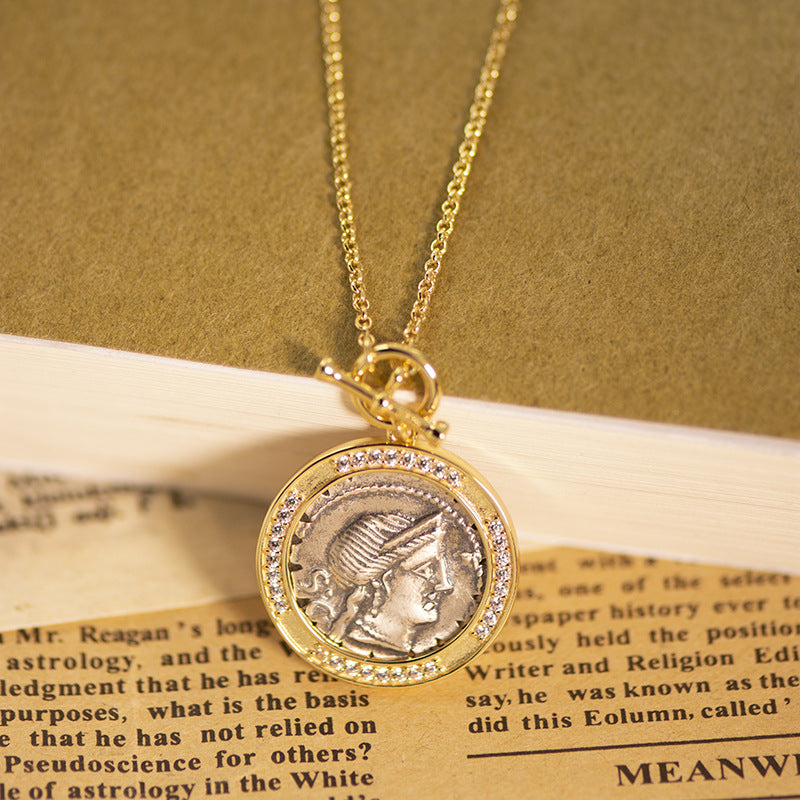 T-Button Antique Coin and Diamond Vintage Sweater Necklace