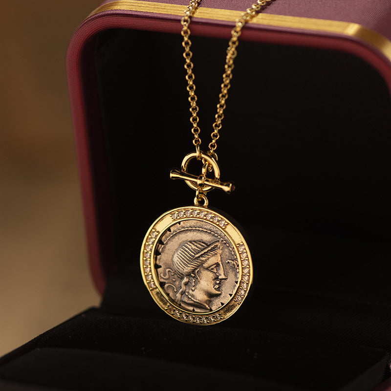 T-Button Antique Coin and Diamond Vintage Sweater Necklace