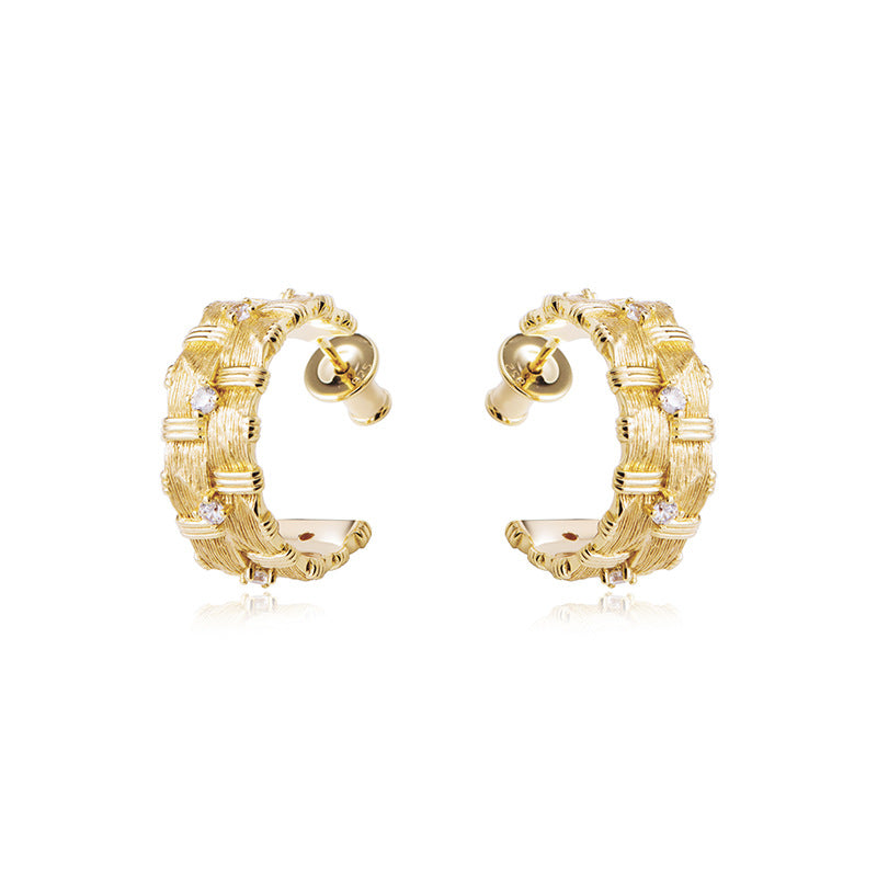 Wide Ear Studs in Sterling Silver Raffia Weave