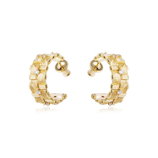 Wide Ear Studs in Sterling Silver Raffia Weave