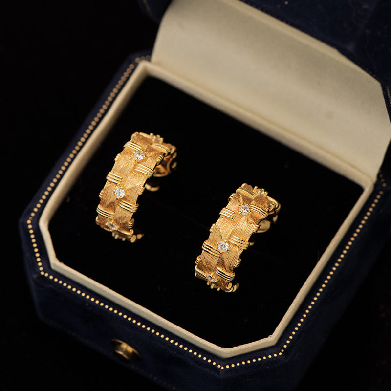 Wide Ear Studs in Sterling Silver Raffia Weave