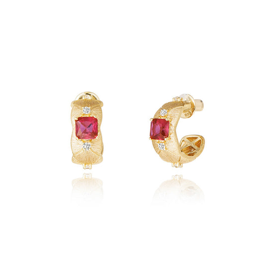Vintage Diamond White and Red Checkered Brushed Ruby Color Stud Earrings