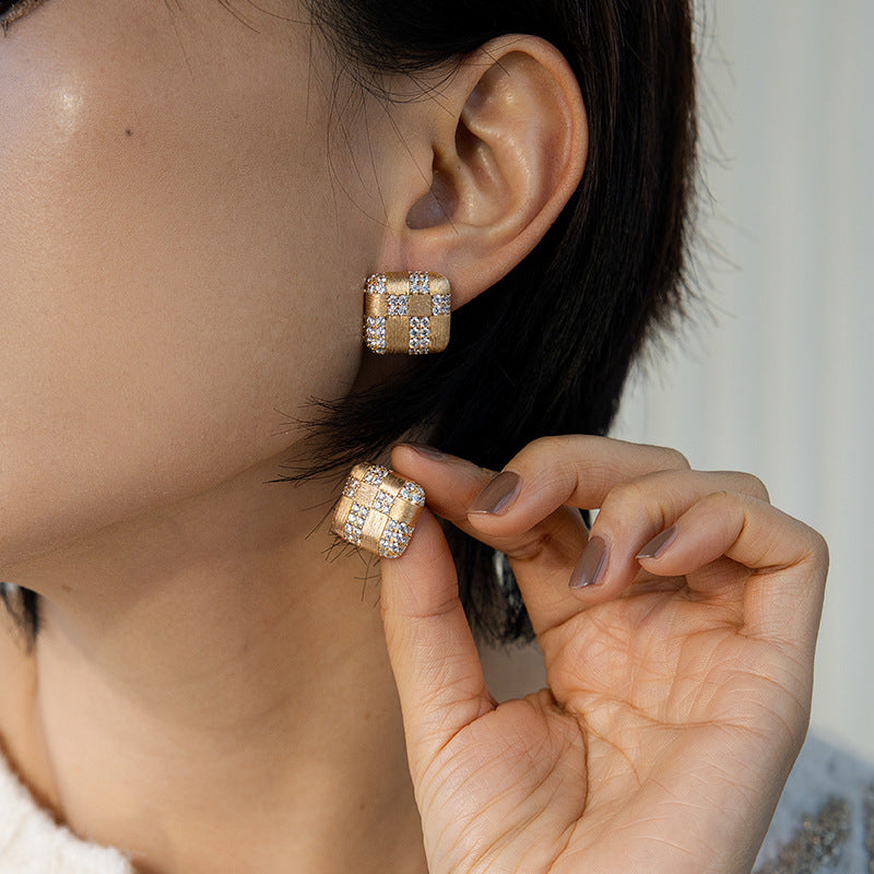 Buccaneer Brushed Square Stud Earrings with Diamonds