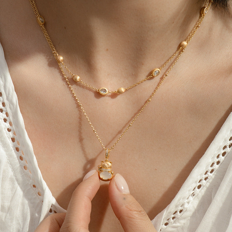 Gold Fortune Cat Vintage Brushed Collarbone Necklace