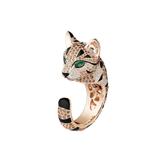 Enamelled Bengal Leopard Cat High Carbon Diamond Ring