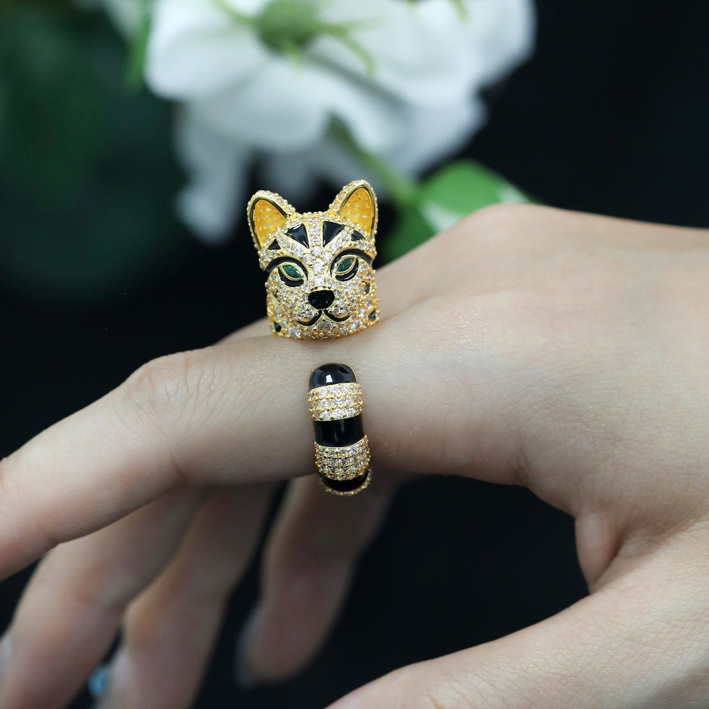 Enamelled Bengal Leopard Cat High Carbon Diamond Ring