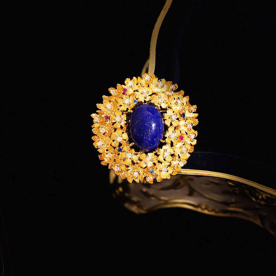 Golden Flower Lapis Lazuli Brooch Alloy with Diamonds Corsage