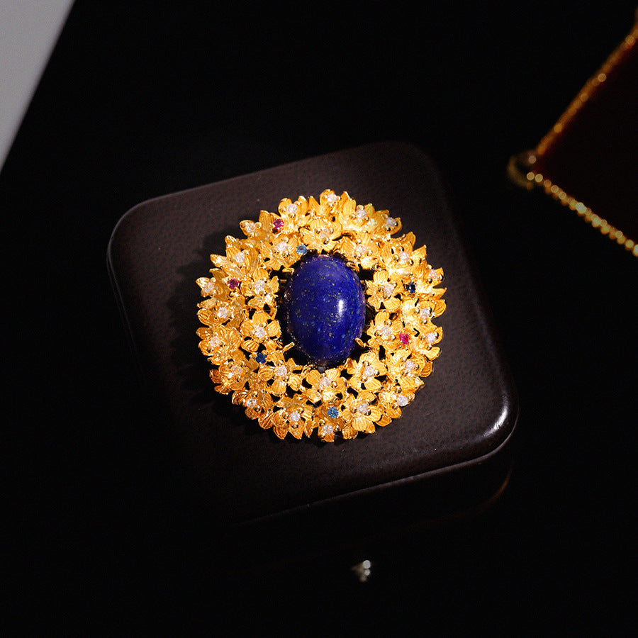Golden Flower Lapis Lazuli Brooch Alloy with Diamonds Corsage