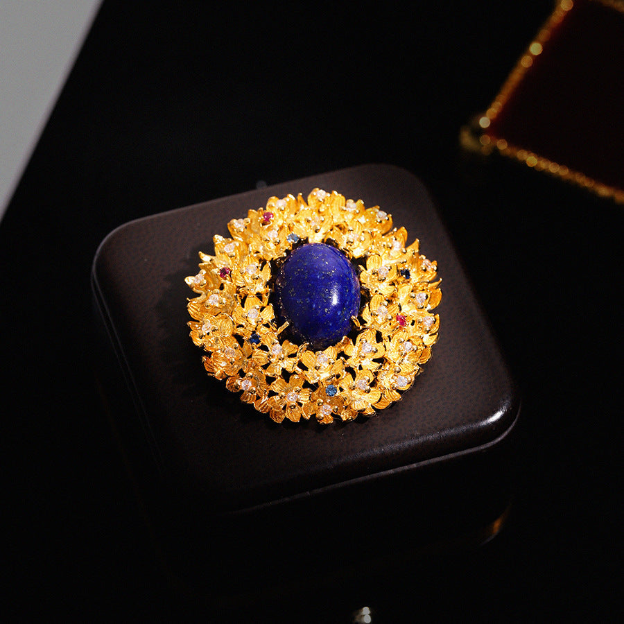 Golden Flower Lapis Lazuli Brooch Alloy with Diamonds Corsage
