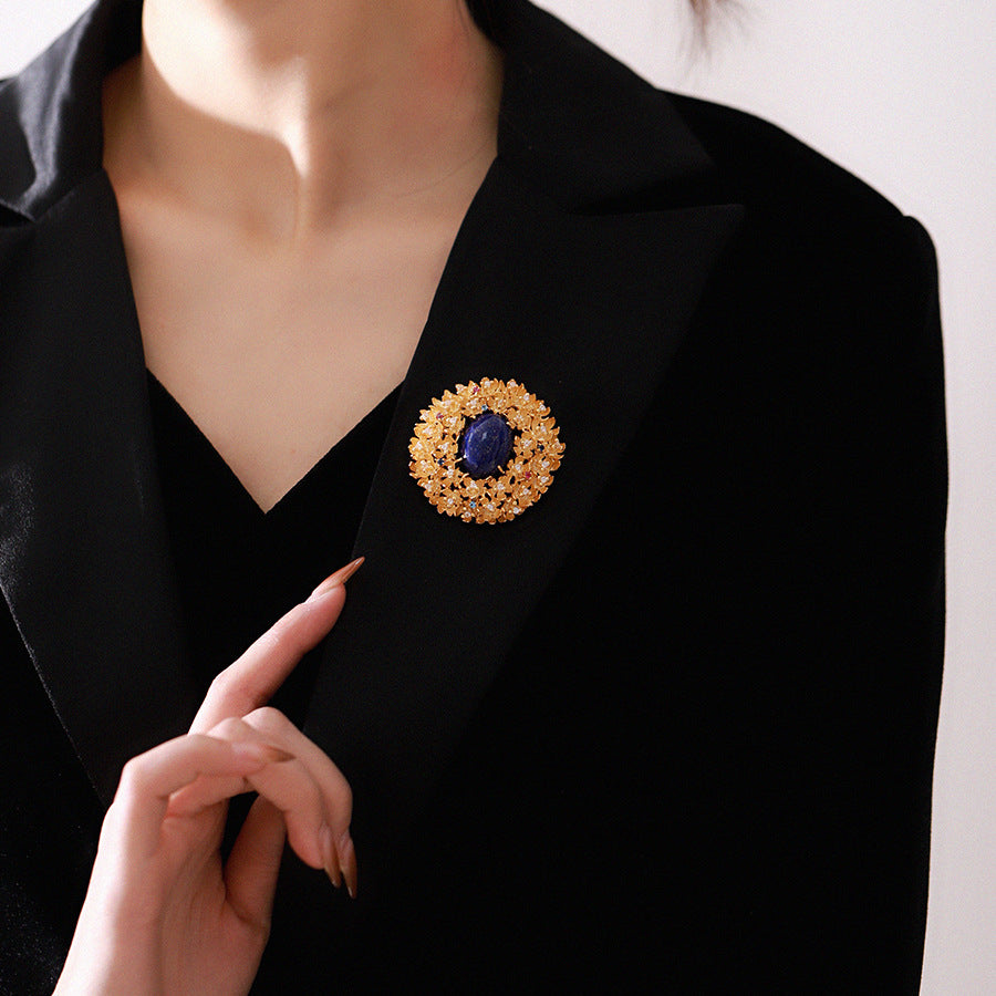 Golden Flower Lapis Lazuli Brooch Alloy with Diamonds Corsage