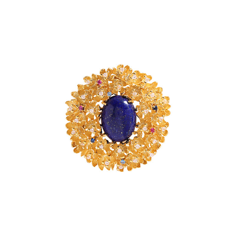 Golden Flower Lapis Lazuli Brooch Alloy with Diamonds Corsage