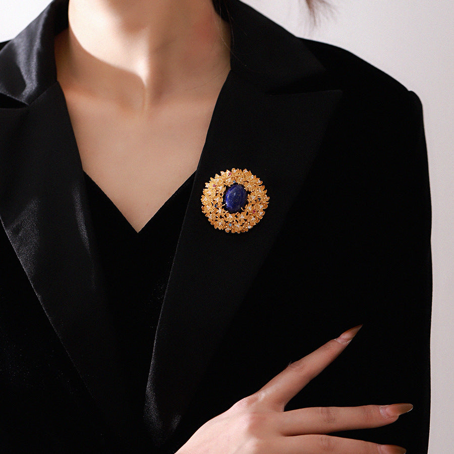 Golden Flower Lapis Lazuli Brooch Alloy with Diamonds Corsage
