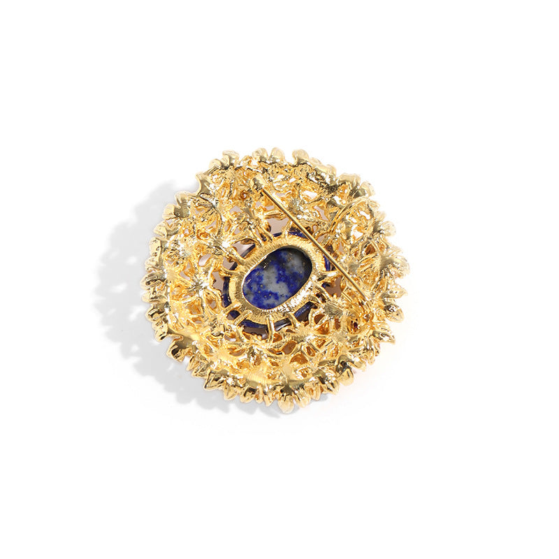 Golden Flower Lapis Lazuli Brooch Alloy with Diamonds Corsage