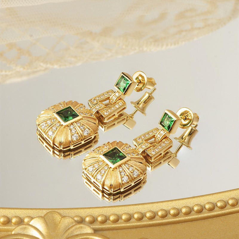 Green Nano Vintage Brushed Square Drop Earrings