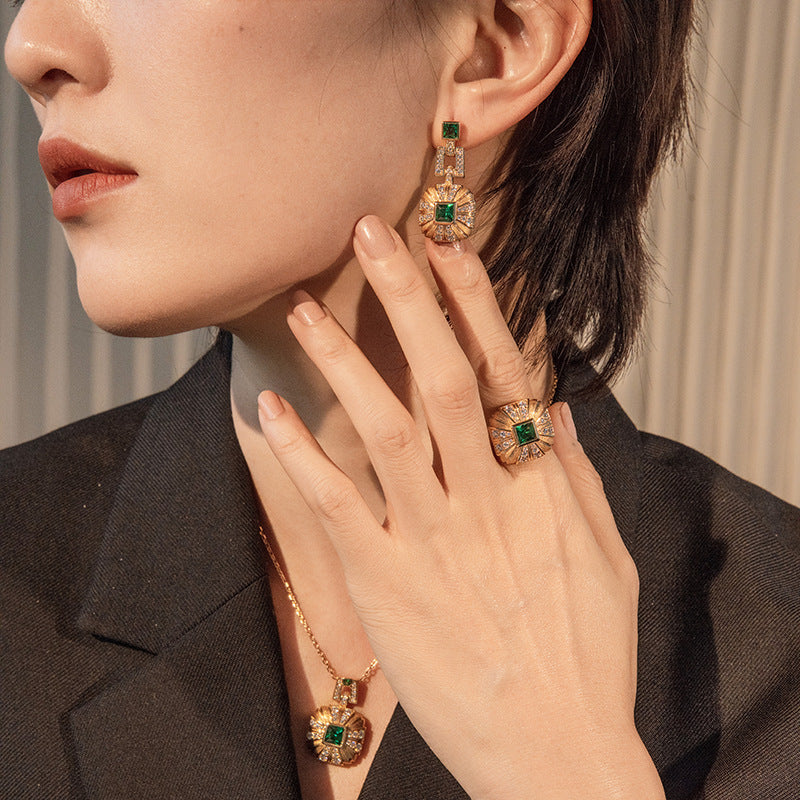 Green Nano Vintage Brushed Square Drop Earrings
