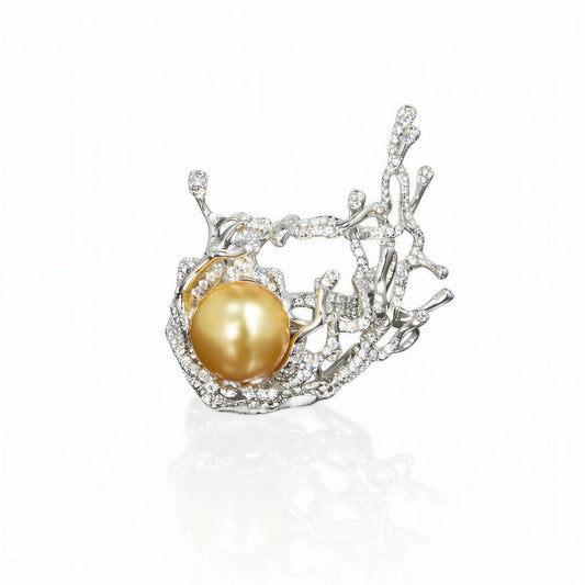 14mm South Sea Golden Pearl “Ocean Waves” Diamond Brooch: Luxurious and Versatile