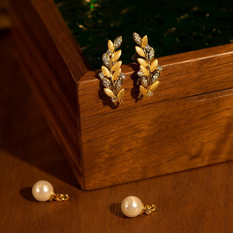18k Detachable Vintage Wheat Pearl Brushed Earrings