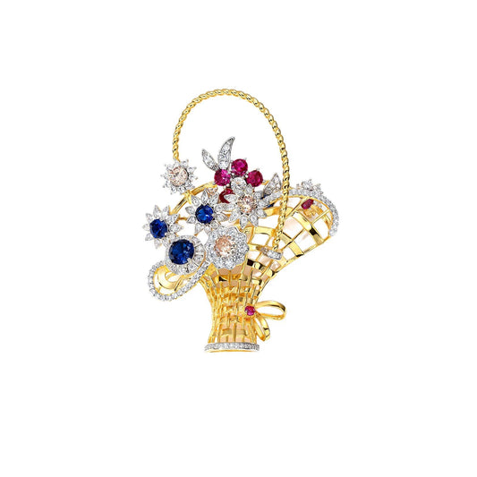 Golden Queen Flower Basket Diamonds Brooch Necklace Pendant Dual Purpose