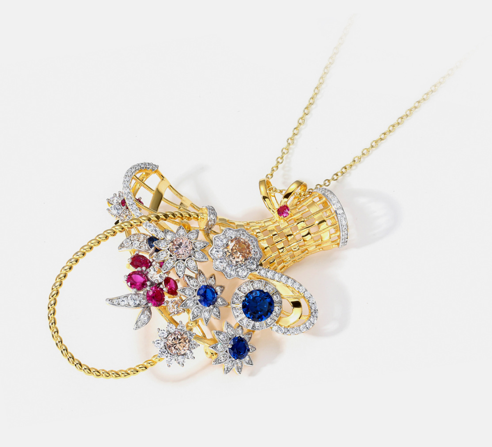 Golden Queen Flower Basket Diamonds Brooch Necklace Pendant Dual Purpose