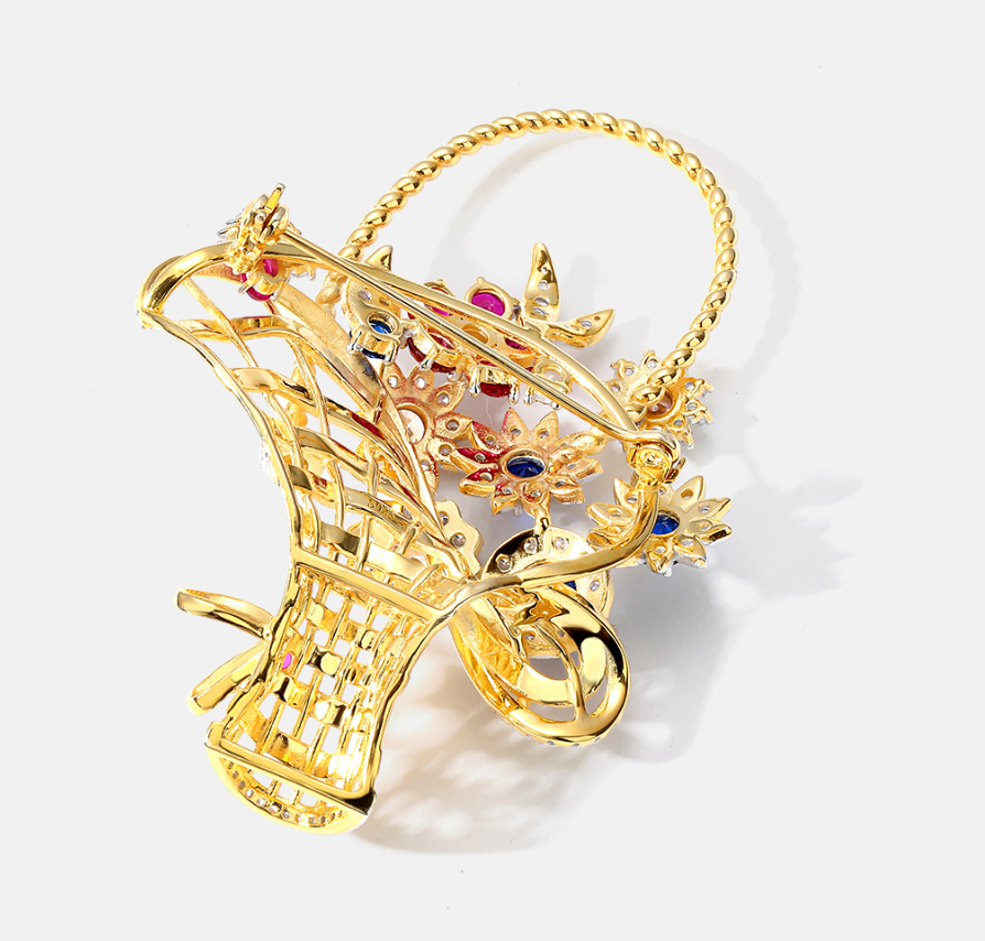 Golden Queen Flower Basket Diamonds Brooch Necklace Pendant Dual Purpose