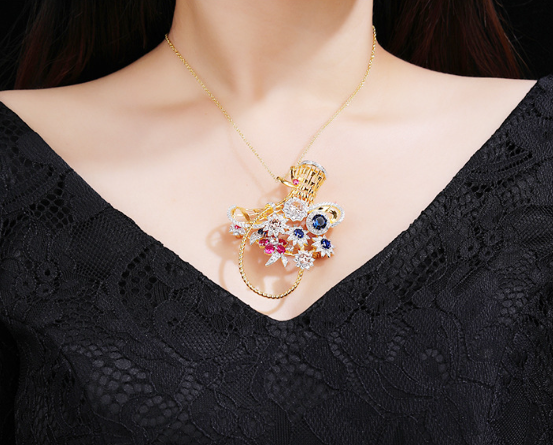 Golden Queen Flower Basket Diamonds Brooch Necklace Pendant Dual Purpose