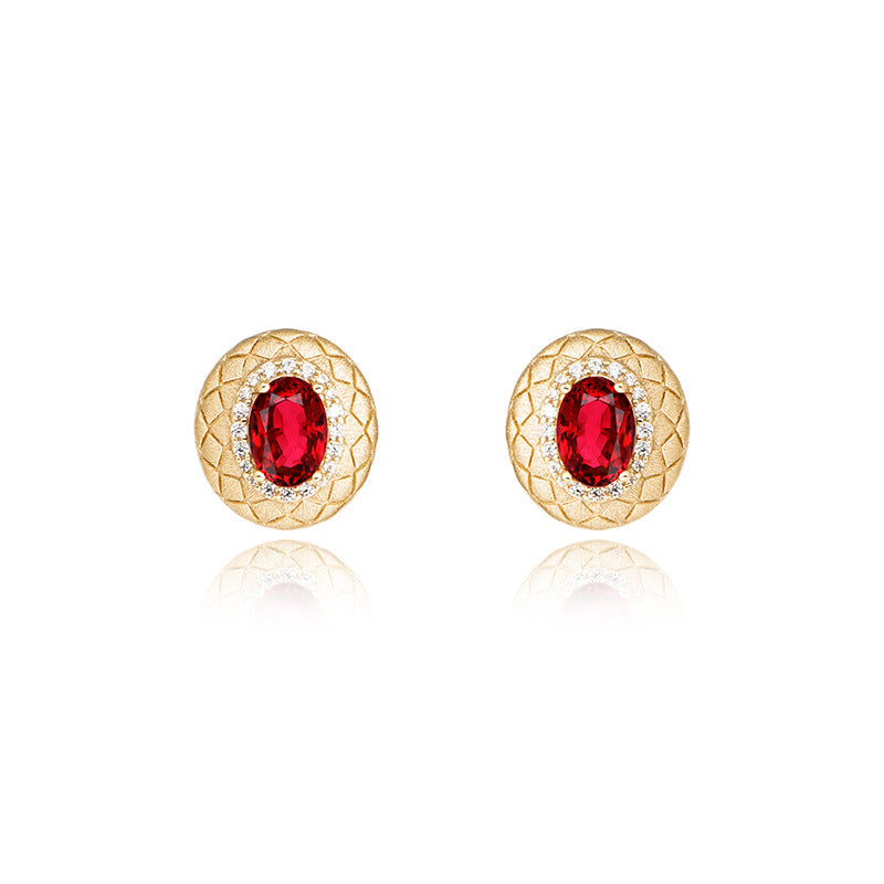 Lattice Pattern 18k Gold Plated Cultured Ruby Earrings