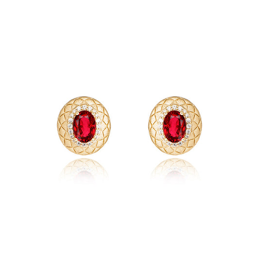 Lattice Pattern 18k Gold Plated Cultured Ruby Earrings