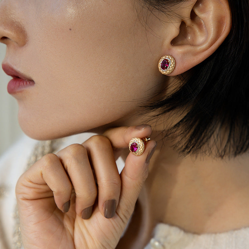 Lattice Pattern 18k Gold Plated Cultured Ruby Earrings