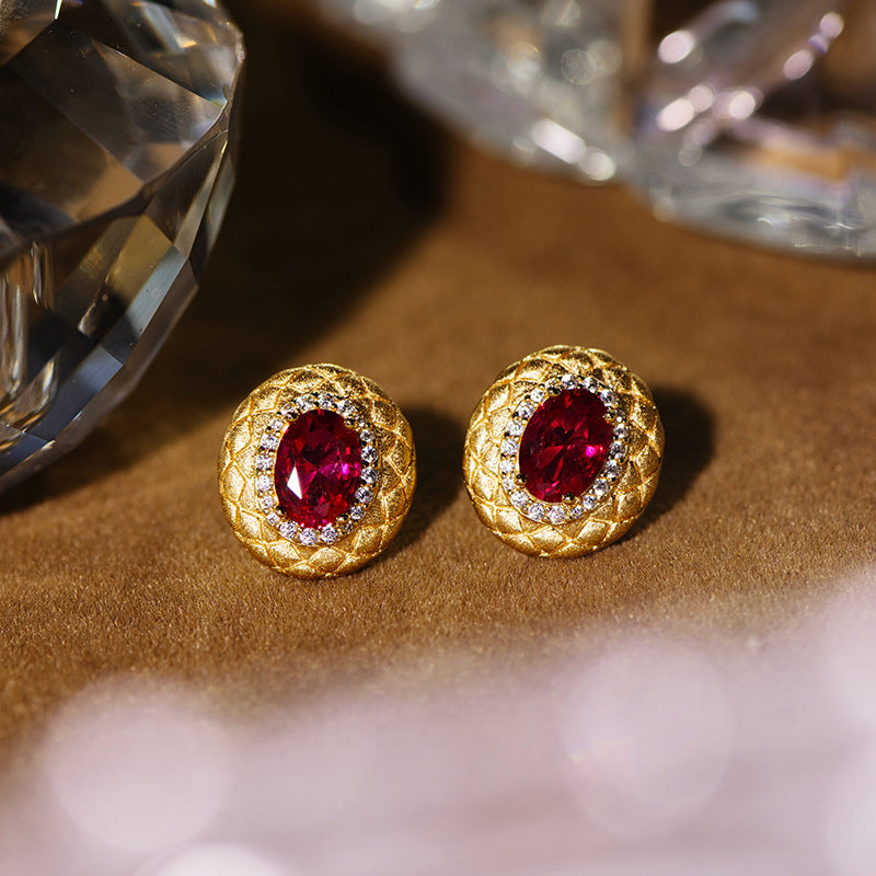 Lattice Pattern 18k Gold Plated Cultured Ruby Earrings
