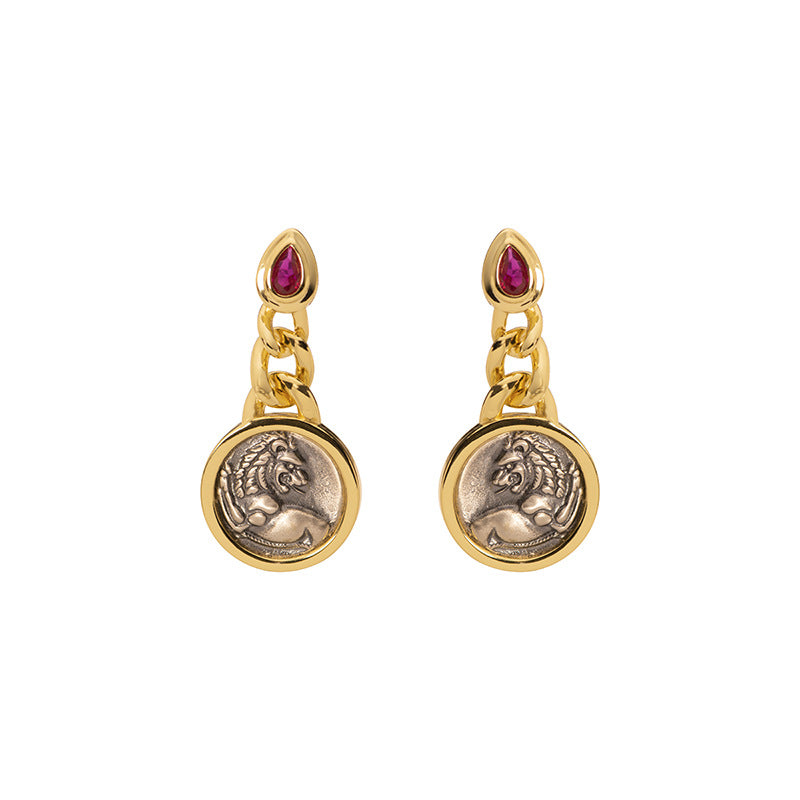 18k Gold Antique Coinback Lion Ruby Heart Earrings