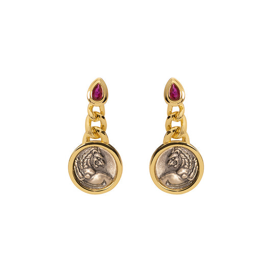 18k Gold Antique Coinback Lion Ruby Heart Earrings