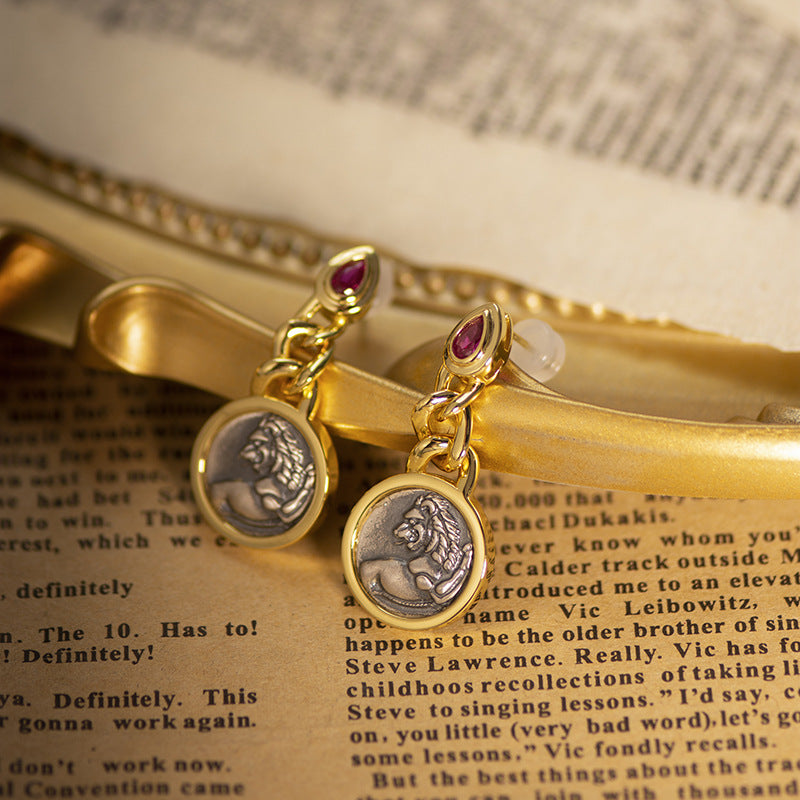 18k Gold Antique Coinback Lion Ruby Heart Earrings