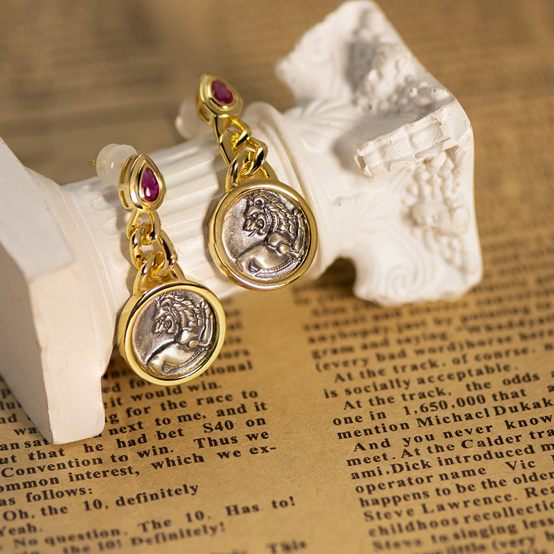 18k Gold Antique Coinback Lion Ruby Heart Earrings