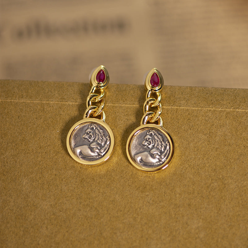 18k Gold Antique Coinback Lion Ruby Heart Earrings