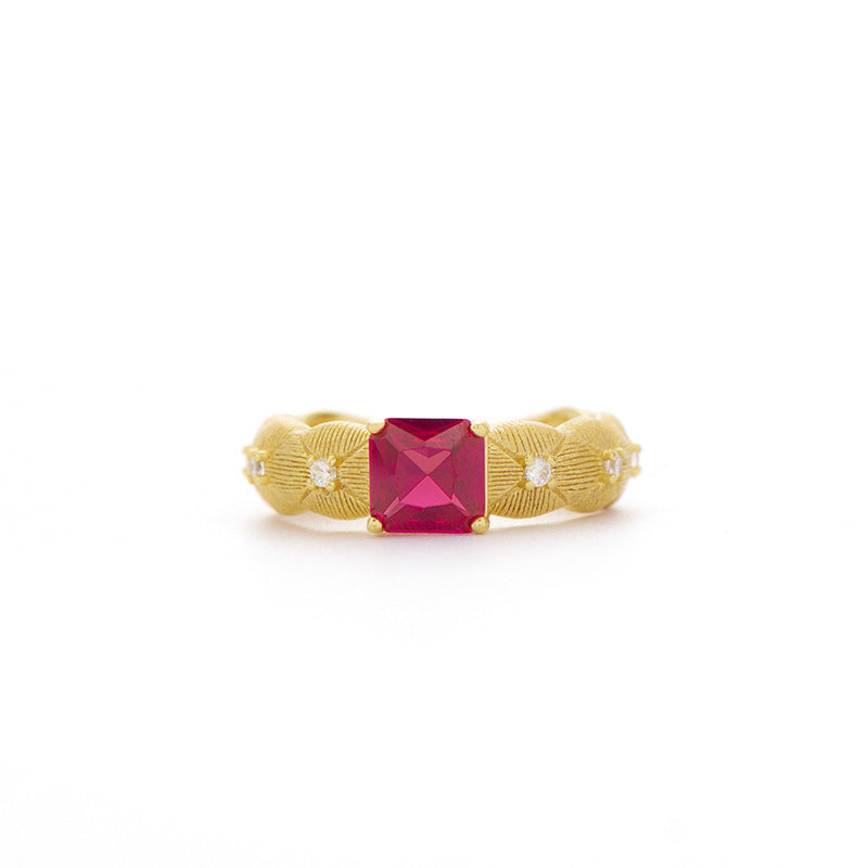 Lattice Brushed Ruby Wrought Faceted Cultured Diamond Ring