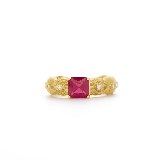 Lattice Brushed Ruby Wrought Faceted Cultured Diamond Ring
