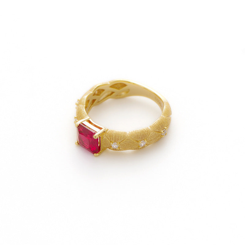 Lattice Brushed Ruby Wrought Faceted Cultured Diamond Ring