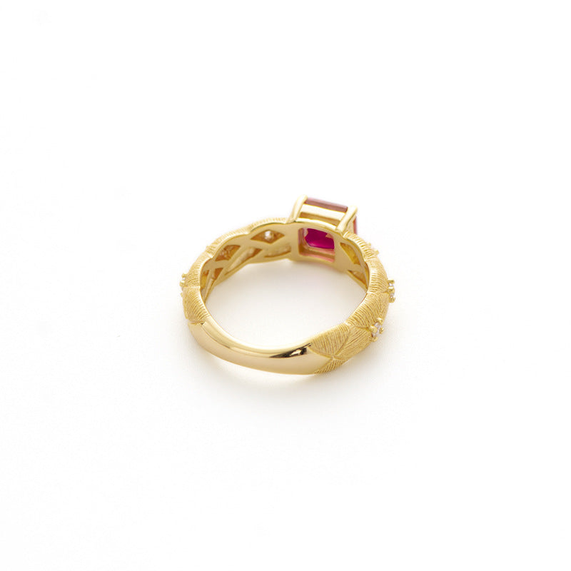 Lattice Brushed Ruby Wrought Faceted Cultured Diamond Ring